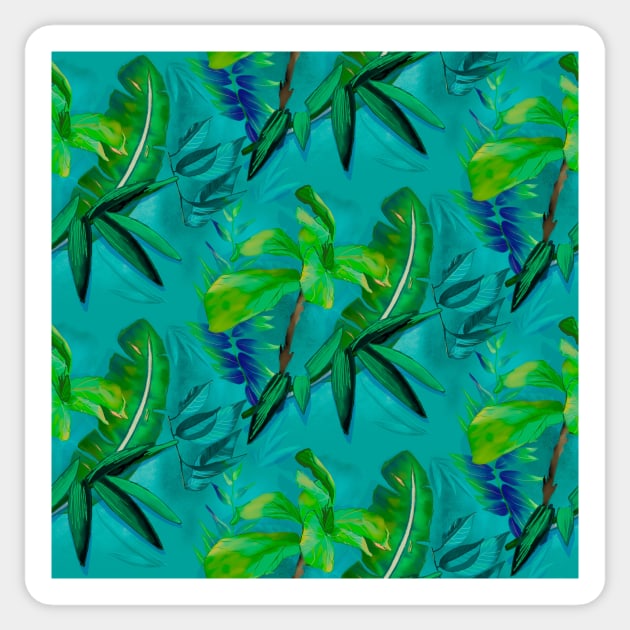 Elegant Tropical floral leaves botanical pattern,botanical pattern, tropical plants, green turquoise leaves pattern over a Sticker by Zeinab taha